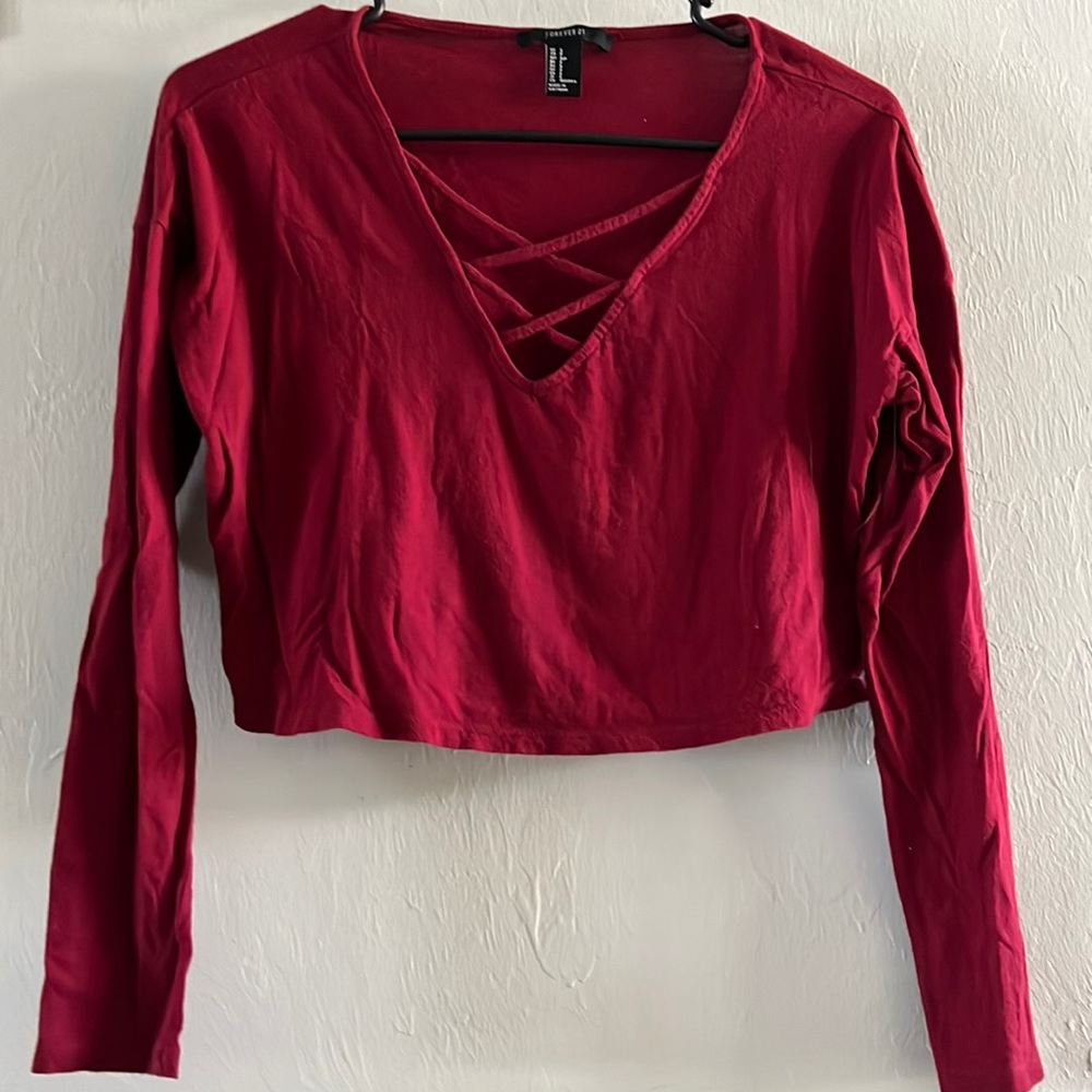Forever 21 red long sleeved crop top sweater blouse (S)